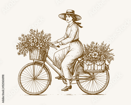 Vector hand drawn illustration of women ride city bicycle in ink hand drawn style. vector illustration