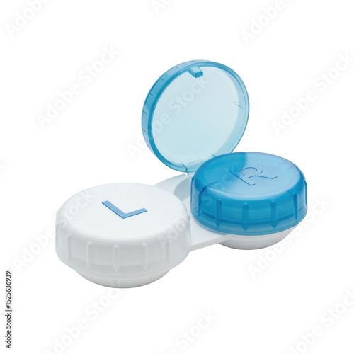A closed, modern plastic contact lens case with translucent blue caps, white base, 'L'/'R' markings, smooth and glossy, 3/4 elevated view on a transparent background. Concept for optical product