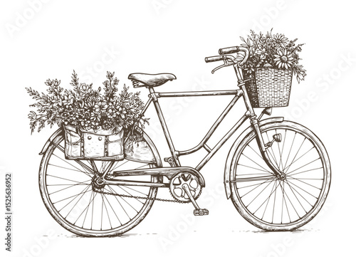 Vector hand drawn illustration of city bicycle in ink hand drawn style. Bike with pannier rack and front wicker basket.