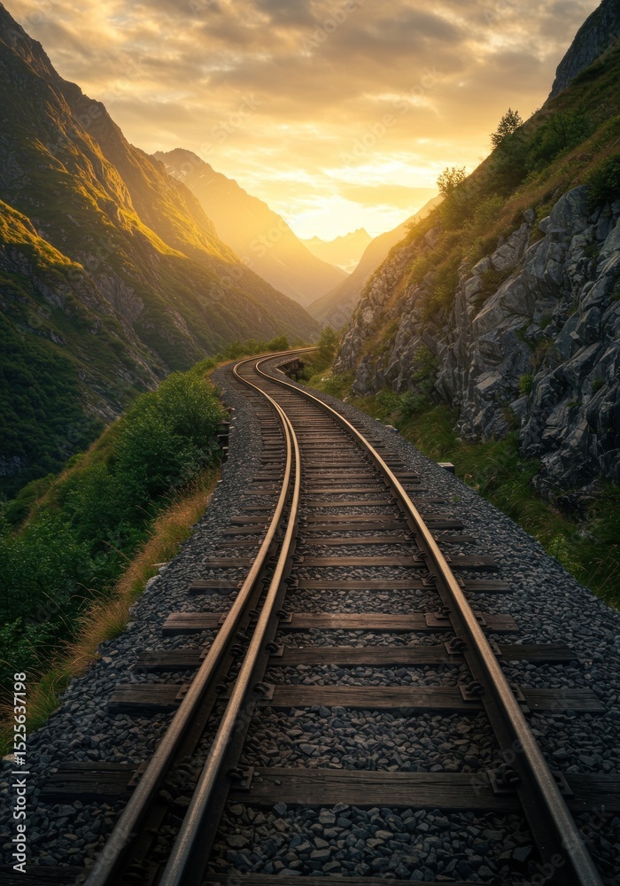 Fototapeta premium Railway track leading to sunset in mountain valley