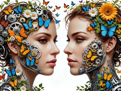 A Split-Face Portrait: One Half Mechanical Gears, the Other Half Nature with Flowers and Butterflies, Symbolizing Logic and Emotion