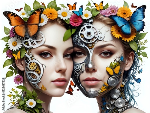 A Split-Face Portrait: One Half Mechanical Gears, the Other Half Nature with Flowers and Butterflies, Symbolizing Logic and Emotion