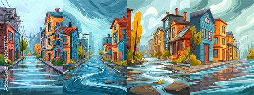A vibrant urban scene depicting a street lined with colorful houses and a reflective puddle after rain. The dramatic skies complement the serene atmosphere.