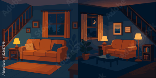 A beautifully designed living room scene, split into day and night, showcasing a comfortable orange couch, a warm lamp, and decorative elements that enhance coziness.