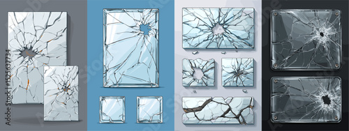 A versatile collection of vector cracked glass frames and broken panels showcasing various shapes and sizes. Ideal for design projects, posters, and creative applications.