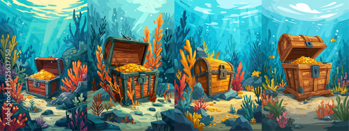 Explore a colorful underwater world featuring four treasure chests filled with gold coins, surrounded by vibrant coral reefs and sea life. Perfect for adventure themes.