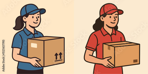 Illustration of two delivery personnel, one in blue and the other in red, each holding a cardboard box. Ideal for shipping, logistics, or transportation themes.
