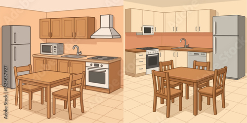 Explore this modern kitchen interior featuring wooden cabinets, a dining table, and various appliances. Perfect for home design and renovation projects.