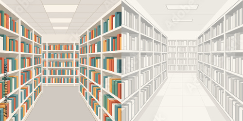 Explore a tranquil library setting featuring neatly arranged bookshelves filled with colorful books. Ideal for educational or literary themes.