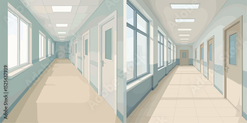 Vector illustration of a spacious hospital corridor with natural light. Clean lines and soothing colors create a calm atmosphere, ideal for health-related themes.