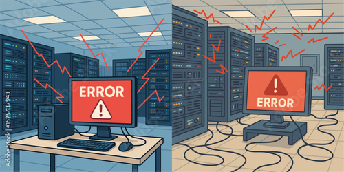 This vector graphic depicts a computer error scenario in two environments: an office and a server room. Both screens display a prominent error message, highlighting tech issues.