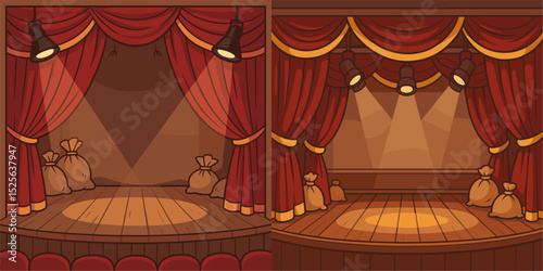 Two vector illustrations of theatrical stages with red curtains, stage lighting, and bags on the floor, ideal for dramas and performances.
