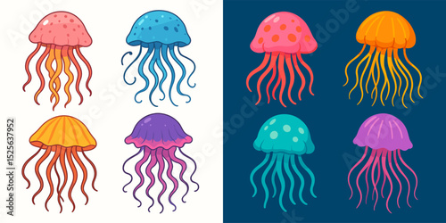 A vibrant collection of cartoon jellyfish in various colors and styles, featuring playful designs with long tentacles. Perfect for aquatic themes and children's illustrations.