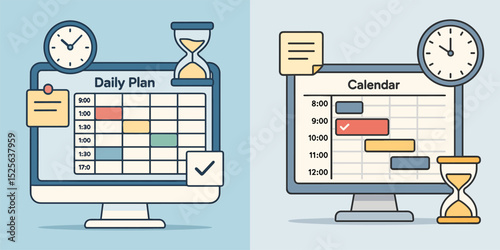 Illustration displaying two computer screens, one with a daily plan and the other with a calendar. Features clocks, an hourglass, and sticky notes, conveying effective time management and or...