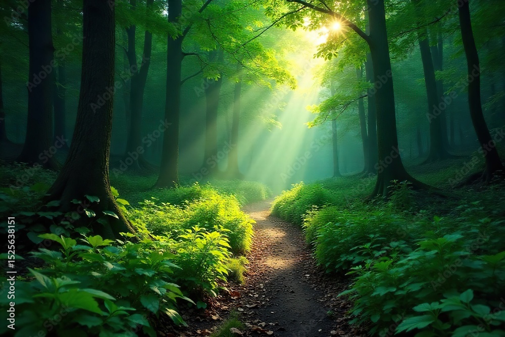 Fototapeta premium Sunlight dapples through the canopy onto a lush forest floor, illuminating a winding trail disappearing into the dense woods Perfect for adventure, exploration, and nature themes , remote, landscape