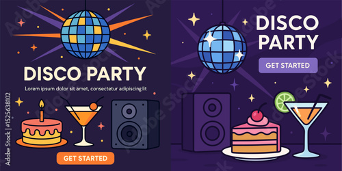 A lively disco party graphic featuring a disco ball, party snacks, and drinks. Perfect for invites or promotional material to attract fun-loving guests!