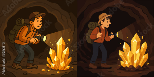A vibrant vector illustration depicting a miner exploring a cave with a flashlight, revealing stunning glowing crystals. Perfect for adventure and exploration themes.