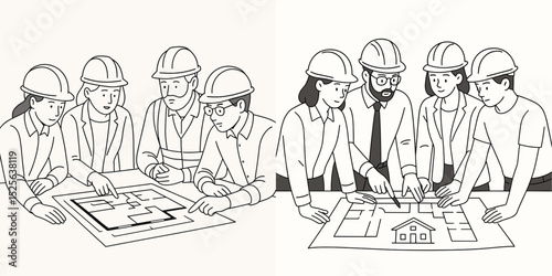 A diverse group of architects and engineers collaborating on building blueprints and house plans, showcasing teamwork and planning in construction.