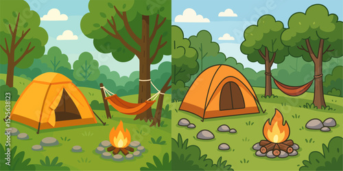 A vibrant illustration depicting a camping scene with two bright orange tents, a hammock, and a cozy campfire surrounded by trees in a lush green environment.
