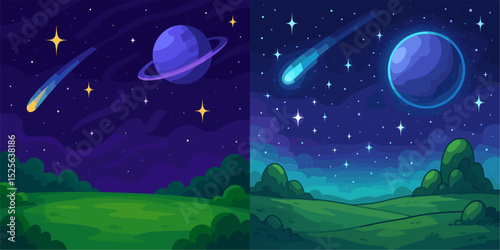 Explore a vibrant cosmic landscape featuring a distant planet with rings, shooting stars, and a serene green foreground under a night sky filled with twinkling stars.