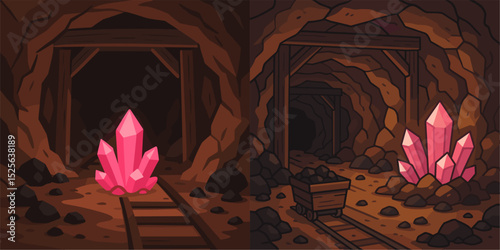 Explore a vibrant vector art depiction of a crystal cave featuring pink gems, mine shafts, and a cart on tracks, perfect for fantasy and adventure themes.