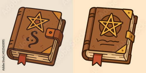 Explore a duo of enchanted spellbooks featuring unique pentagram designs and leather bindings. Perfect for fantasy themes, magic, and storytelling.