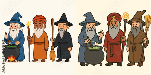A fun vector illustration featuring a group of cartoon wizards and sorcerers. They are dressed in colorful robes, holding magical staffs and stirring cauldrons. Perfect for fantasy themes!