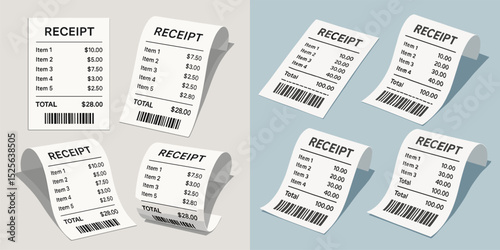 A collection of receipts featuring itemized prices and barcodes, designed on two contrasting backgrounds. Ideal for financial, retail, or accounting-related projects.
