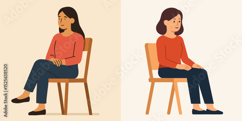 Vector illustration featuring two women sitting on chairs. They have distinct hairstyles and casual outfits, showcasing relaxed, friendly expressions. Ideal for lifestyle and wellness themes...