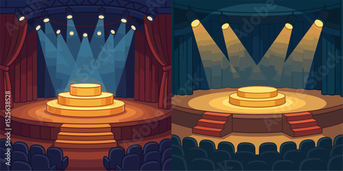 A vibrant vector illustration of two theatrical stage designs featuring golden podiums under dramatic spotlighting. The left stage showcases a classic red curtain, while the right highlights...