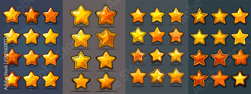 A vibrant collection of glossy gold stars, featuring different styles and arrangements against contrasting backgrounds. Perfect for rating systems, awards, or decorative elements.