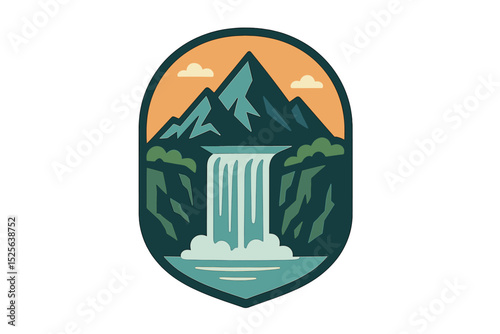 Vector illustration of a beautiful mountain waterfall logo design