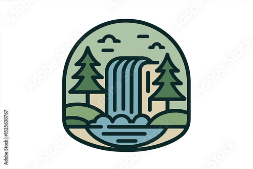 Vector illustration of a great waterfall accompanied by a linear and emblem style logo icon template design, featuring a tree, nature, and outdoor elements