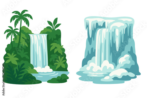 A tropical jungle waterfall setting is paired with an ice frozen waterfall