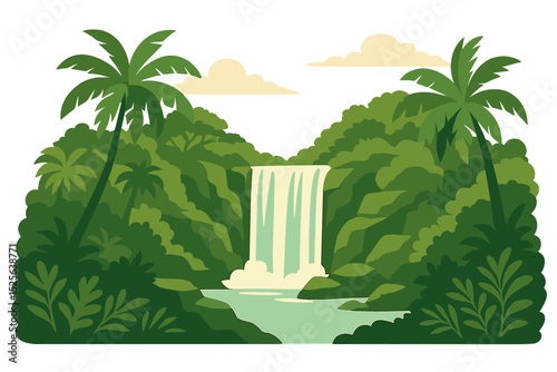 Vector illustration of a stunning waterfall situated in a tropical jungle environment, complete with trees, rocks, and sky, and featuring green palm wood, wild nature, and bush foliage in a flat