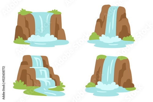Vector illustration of a cartoon waterfall set featuring natural water streaming down a mountain cliff into a river cascade