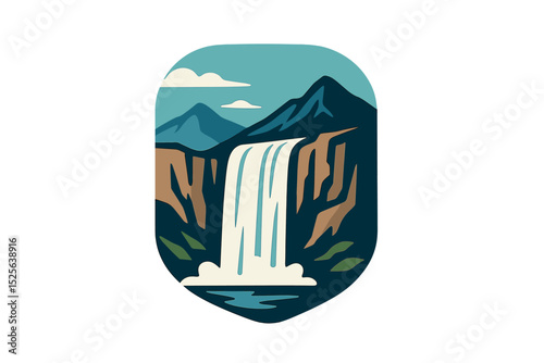 The logo design of a waterfall, known as Love waterfall, features a vector illustration of a high cliff waterfall giving the feel of a mountain view