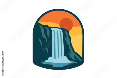Vector illustration of a waterfall logo design set against a high cliff with vibrant sunset shades