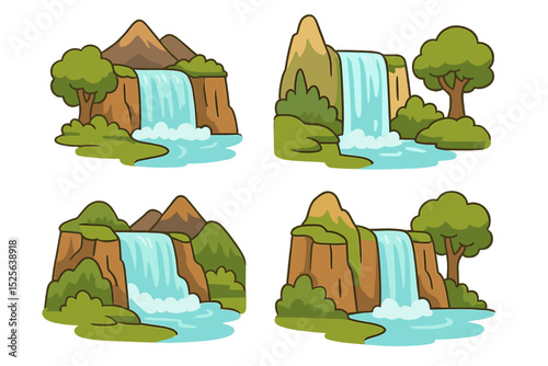 Scenic cartoon landscapes featuring mountains and trees are complemented by waterfalls