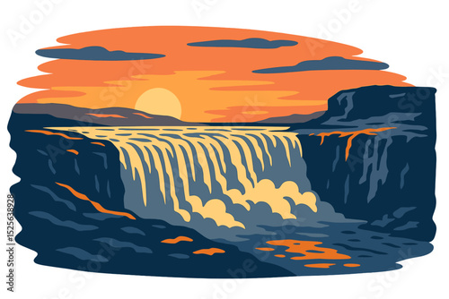 Dettifoss waterfall, located in Iceland, is a charming sight at sunset, being an iconic Icelandic landmark and one of Europe's most powerful waterfalls in Vatnajokull National Park