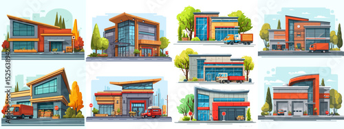 Explore this vibrant collection of modern commercial buildings, featuring sleek design and colorful exteriors. Trucks and greenery enhance the urban landscape.