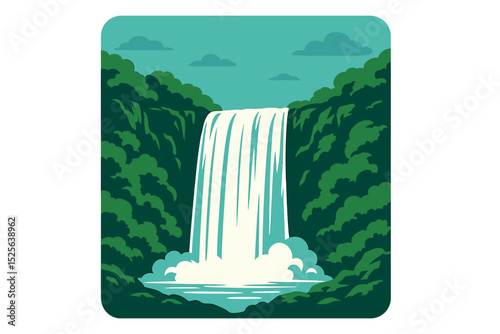Behold the awe-inspiring spectacle of a mighty waterfall cascading down a rugged cliff, enveloped by dense foliage in rich emerald tones beneath a brilliant turquoise sky