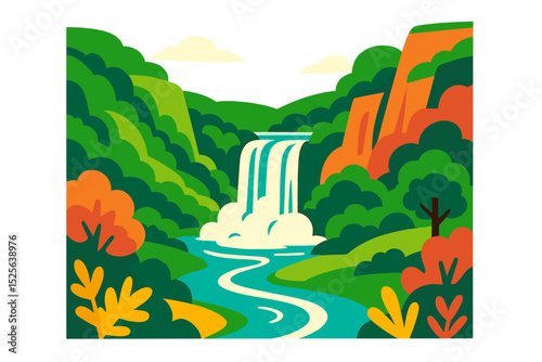 A lush, verdant valley is depicted in a vibrant cartoon illustration, complete with a cascading waterfall, dramatic cliffs, and an array of colorful foliage