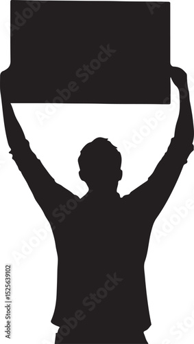 Man Holding Up a Sign Above His Head Silhouette Vector Illustration on Transparent Background