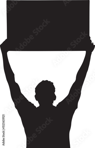 Man Holding Up a Sign Above His Head Silhouette Vector Illustration on Transparent Background