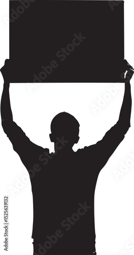 Man Holding Up a Sign Above His Head Silhouette Vector Illustration on Transparent Background