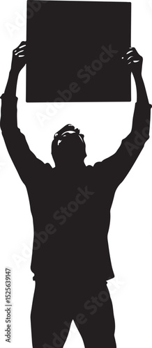 Man Holding Up a Sign Above His Head Silhouette Vector Illustration on Transparent Background