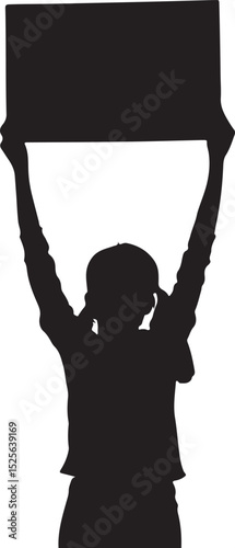 Girl Holding Up a Sign Above Her Head Silhouette Vector Illustration on Transparent Background