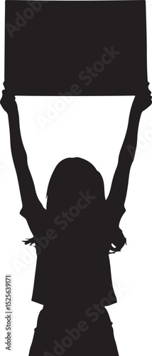 Girl Holding Up a Sign Above Her Head Silhouette Vector Illustration on Transparent Background