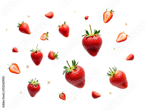 whole strawberries and floating strawberry pieces,leaf,isolated,ripe